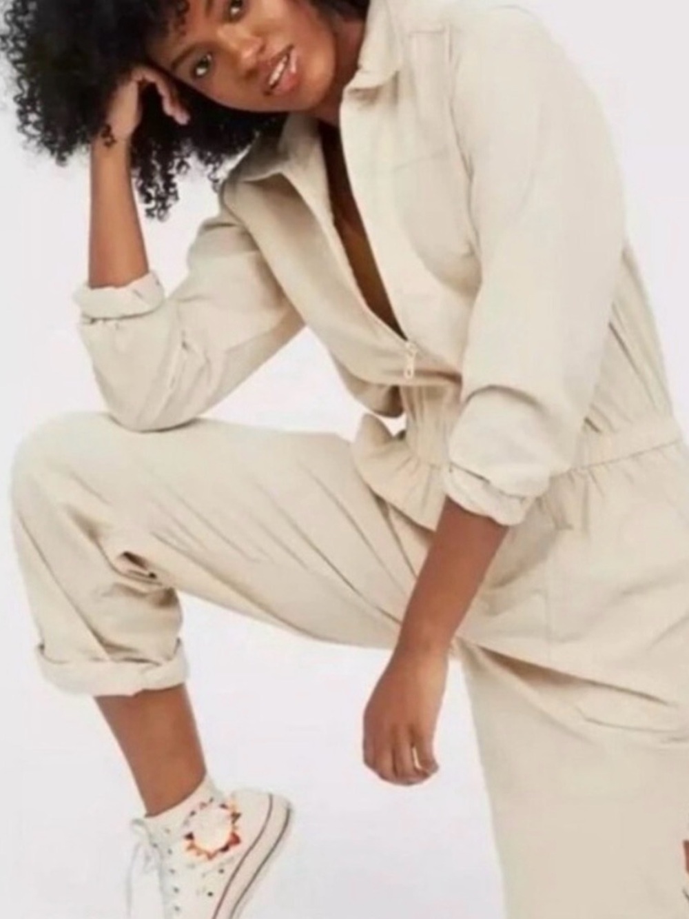 aerie Cream Utility Jumpsuit with Elastic Waist